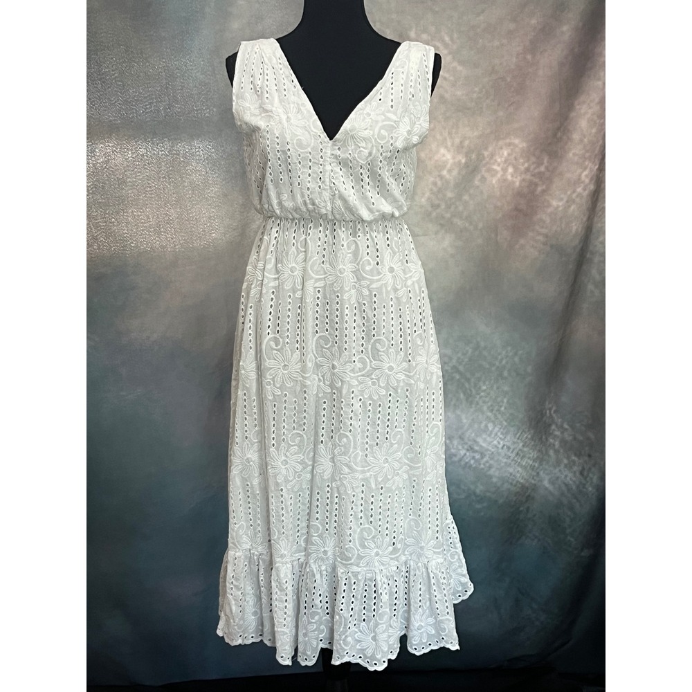 Lungo L'Arno White Eyelet Cotton Midi Dress V-Neck Ruffle Made in Italy‎ Small